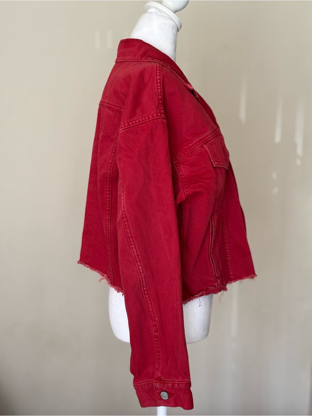 Boyish Red Cropped Button-Front Jean Jacket - Picture 4 of 15